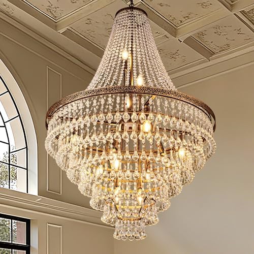 Wellmet French Empire Crystal Chandeliers, Antique Bronze Chandeliers 13 Lights, Rustic Farmhouse Chandelier High Ceiling Light Fixture for Entryway, Foyer, Dining Room, Staircase, 34" W by Wellmet