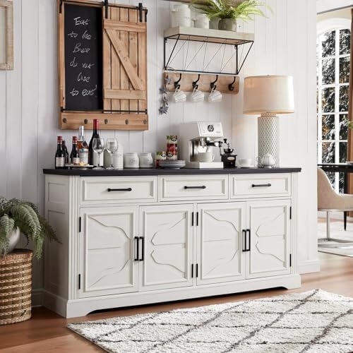 JXQTLINGMU 66" Farmhouse Buffet Cabinet with Storage, Sideboard Credenza, Carved Cloud-Inspired Doors, 3 Drawers & Adjustable Shelves, Coffee Bar Cabinet, Off White by JXQLINGMUFurniture