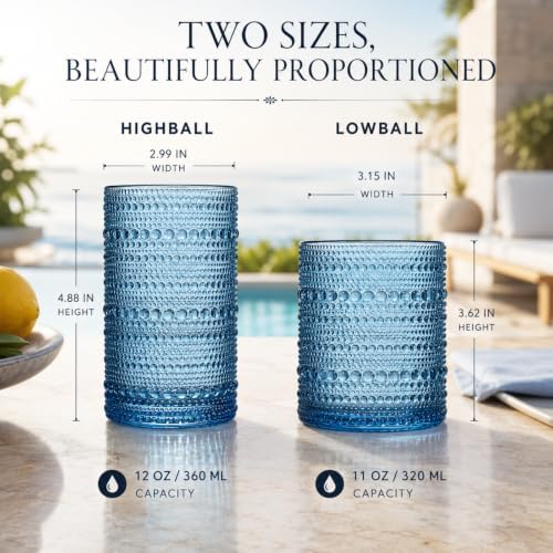 Hobnail Beaded Highball Drinking Tumbler Glasses | Set of 12 | Color, Vintage Bubble Design Whiskey Glassware, Old-Fashioned, Embossed Design for Water, Wine, Cocktail Embossed Heavy Glas, Rocks Glass - Image 4