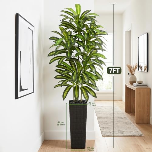 Artificial Dracaena Tree Indoor, 7FT Tall Fake Floor Plants with Black Planter & Pebbles, Faux Silk Yucca Tree for Home Office Living Room Bedroom Farmhouse Modern Outdoor Topiary Tree - Image 4