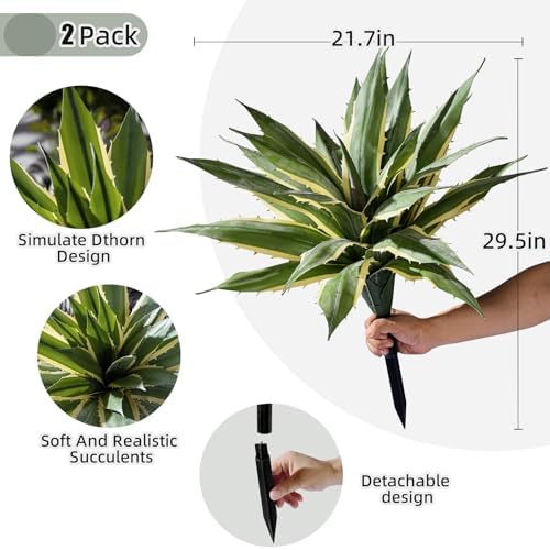 Artificial Agave Plant Fake Agave Planters for Indoor Outdoor Faux Agave Plants Real Touch Realistic Greenery for Home Living Room Office Bathroom Garden Front Porch Patio Decor (21inch-2 Pcs Yellow) - Image 2