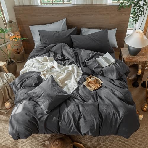 MooMee Wavy Striped Duvet Cover Set 100% Washed Cotton Linen Like Textured Breathable Durable Soft Comfy (Charocal Grey, Queen 90"x90") - Image 6