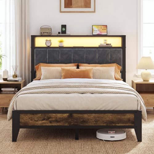 OLEVS Full Size Bed Frame with Headboard, LED Light & Charging Station by OLEVSHOME