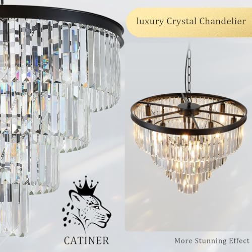 CATINER 24" Modern Crystal Chandeliers,12-Light Black Round Light Fixture - Image 7