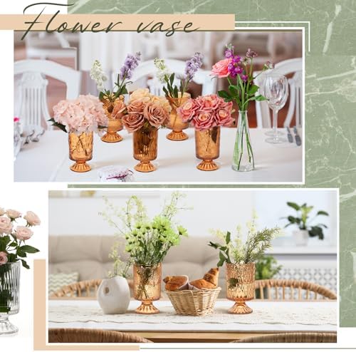 9 Pcs (H:7" W:4") Embossed Flower Amber Vase Pedestal Glass Vase - Image 5