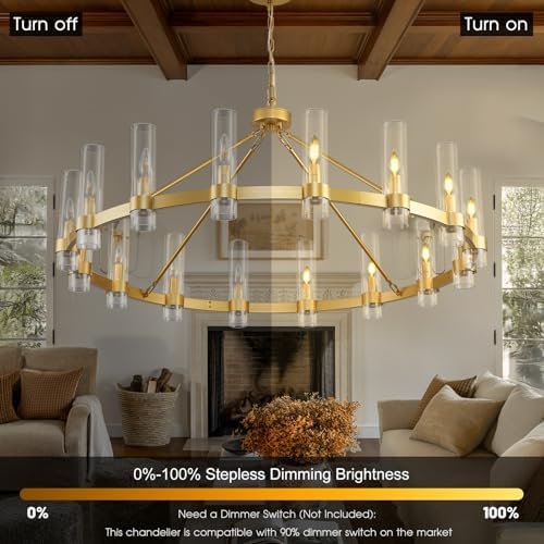 Gold Wagon Wheel Chandelier, 48 Inch Chandeliers with Glass Shade, 16 Light Chandelier for High Ceiling, Modern Farmhouse Chandeliers for Living Room, Dining Room, Entryway, Stairwell(Bulbs Included) - Image 6