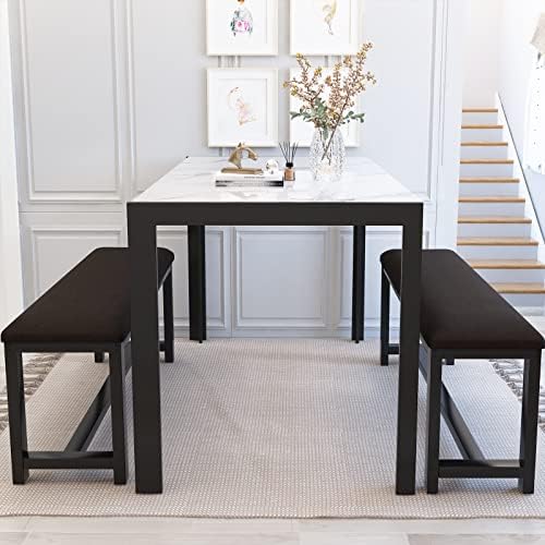 Dining Room Table Set with 2 Benches, Dining Table Set for 4-6, Dinner Table Set for 4, Faux Marble Breakfast Table Set & PU Leather Upholstered Benches for Small Spaces, Apartment, White - Image 3