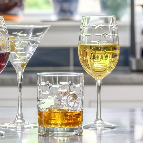 Rolf Glass School of Fish 13oz Double Old Fashioned Glass | Whiskey Glass Set of 4 | Lead-Free Glass | Engraved Tumbler Glasses | Designed and Engraved in the US - Image 4