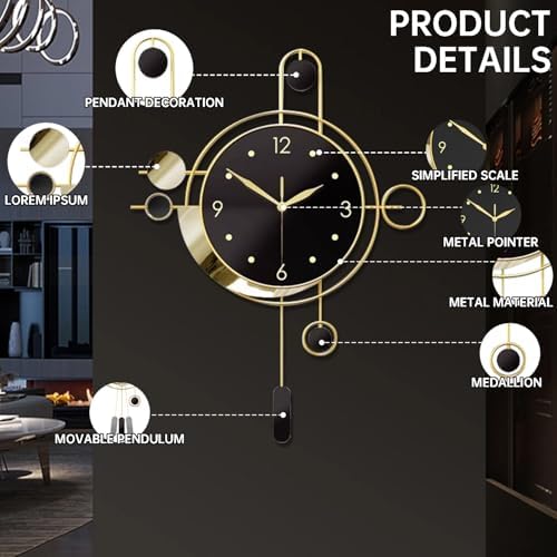 Wall Clock with Pendulum,Silent Non Ticking Battery Operated Modern Large Wall Clocks for Living Room Bedroom Farmhouse Office Kitchen Home Wall Decor-15.7x21.6Inch(Golden) - Image 2