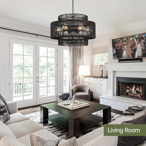 24" Black Rattan Chandelier for Dining Room, Boho Pendant Light - Image 6