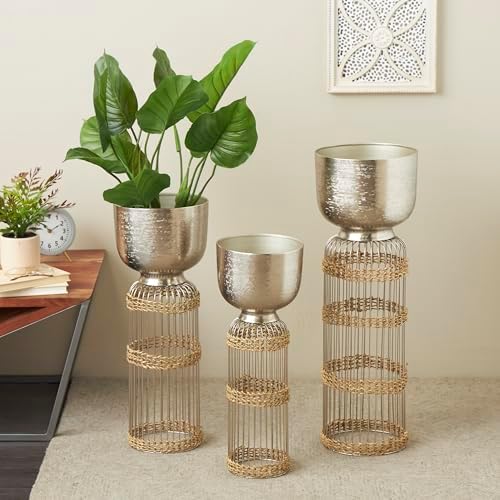 Deco 79 Metal Indoor Planter Textured Dome Large Planter Pot with Woven Seagrass and Caged Rod Pedestal Base, Set of 3 Planters 32", 27", 24"H, Silver - Image 2