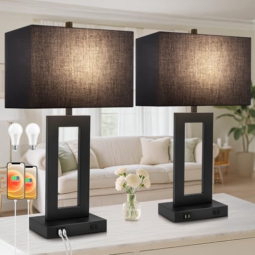 TOBUSA 28" Black Modern Table Lamp Set of 2 with 2 USB Ports&AC Outlet by TOBUSA