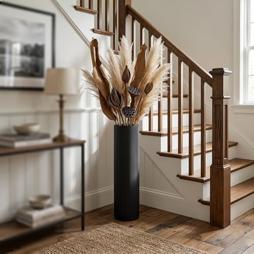 Black Tall Ribbed Floor Vase - Set of 3 Metal Large Decorative Vases - Image 4