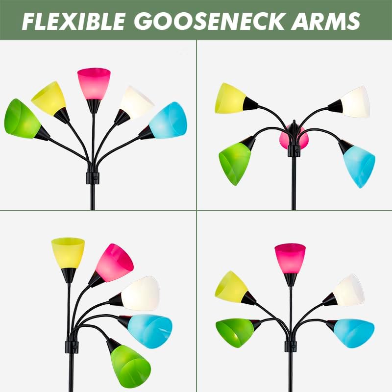 Medusa Modern Decor Floor Lamp, 5 Head Adjustable Gooseneck Lamps for Reading, Colorful Multiple Tall Standing Lamps for Living Room Bedroom Office Kids Classroom, Black, Bulbs Included - Image 4