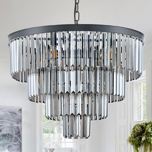 CATINER 24" Smoke Gray Crystal Chandeliers,12 Lights Black Light Fixture by CATINER