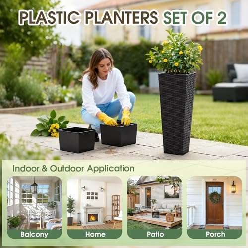 Greesum 23 Inch Tall Plastic Planters with Rattan Texture – Set of 2, Black - Image 6