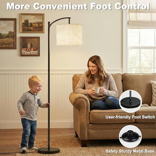 mukuxin Floor Lamp, LED Floor Lamp with Foot Switch & Adjustable Linen Lampshade, 3 Color Temperature Tall Modern ARC Standing Lamps for Living Room Office Bedroom (9W Blub Included) - Image 5