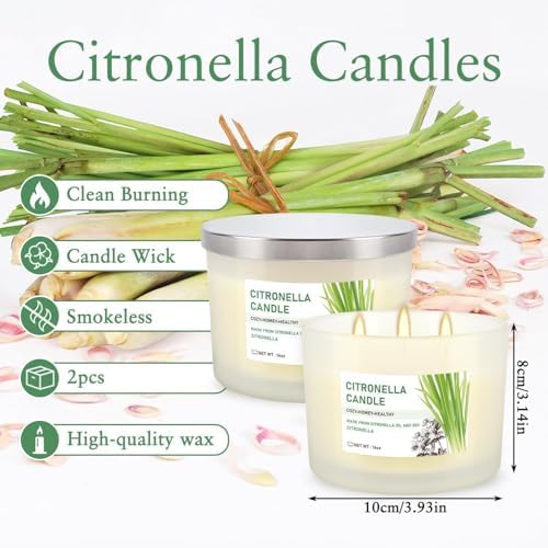 Citronella Candle Set of 2, 14oz Frosted Jar Triple-Wick, Clean & Smokeless for Outdoor Patio, Garden, Deck, Porch Ambiance with Natural Citronella Scent - Image 3