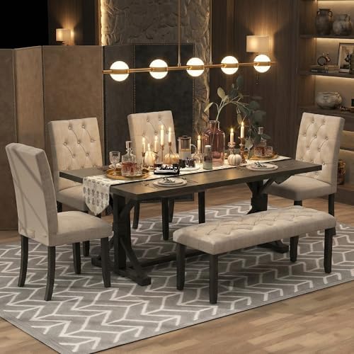 Mirightone 6-Piece Farmhouse Dining Table Set for 6 Rectangular Table Set with 4 Upholstered Chairs and Bench, Solid Wood Dining Table Set for Kitchen, Dining Room (Grey) by Mirightone