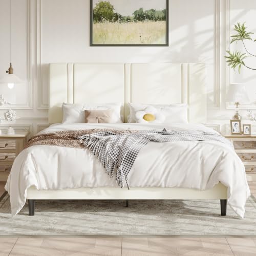 Allewie Cal King Platform Bed Frame with Velvet Upholstered Headboard by Allewie