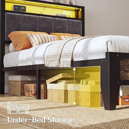 OLEVS Twin Bed Frame with LED Light Storage Headboard and Charging Station Type C, Metal Platform Bed Twin Size,No Box Spring Needed, Noise Free, Easy Assembly - Image 6