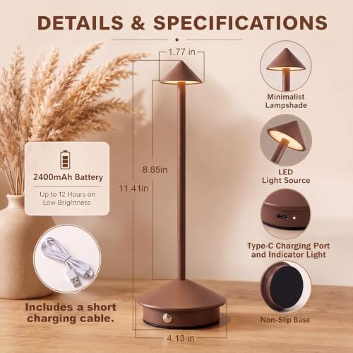 6 Pack Cordless Table Lamp, 3 Color Stepless Dimmable, Brown - Image 2