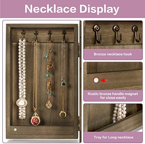 Meangood Jewelry Box Wood for Women, 5-Layer Large Organizer Box with Mirror & 4 Drawers for Rings, Earrings, Necklaces, Vintage Style, Weathered Grey - Image 5