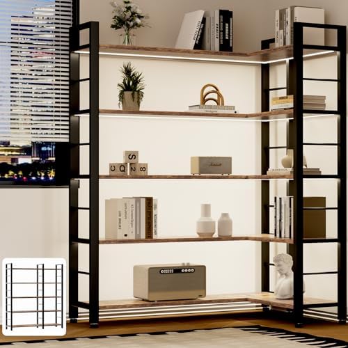 INNOD 65" X 50" Straight Wide 5 Tier Bookshelf with LED Light, L Shaped Bookcase with Adjustable Feet, Corner Book Case with 10 Open Shelves, Shelf Unit Display Shelf for Living Room, Home Office by INNODToddlerTower