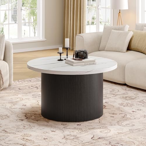 ONBRILL 31.5" Round Coffee Table, Tambour Design, Marble Color - Image 3