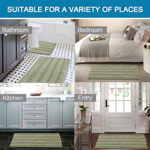 H.VERSAILTEX Bathroom Rug Sets 2 Piece Bath Mats Non Slip Thick Soft Chenille Striped Bath Rug achine Washable Shower Floor Rugs for Tub, Shower and Floor (Eucalyptus Green, 20"x32" Plus 20"x20" U) - Image 6