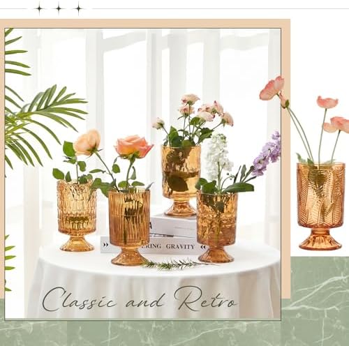 9 Pcs (H:7" W:4") Embossed Flower Amber Vase Pedestal Glass Vase - Image 2