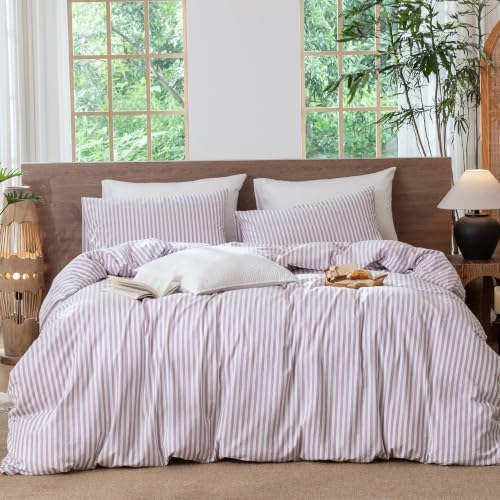 MooMee Striped Duvet Cover Set 100% Washed Cotton Linen Like King by MOOMEE