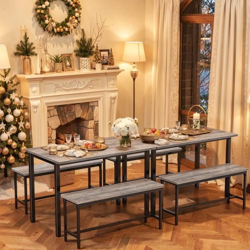 Dining Table Set for 4, 3 Piece Dining Room Table Set for Space-Saving, Modern Kitchen Table with 2 Benchs for Apartment Breakfast Nook and Samll Space, Grey - Image 6