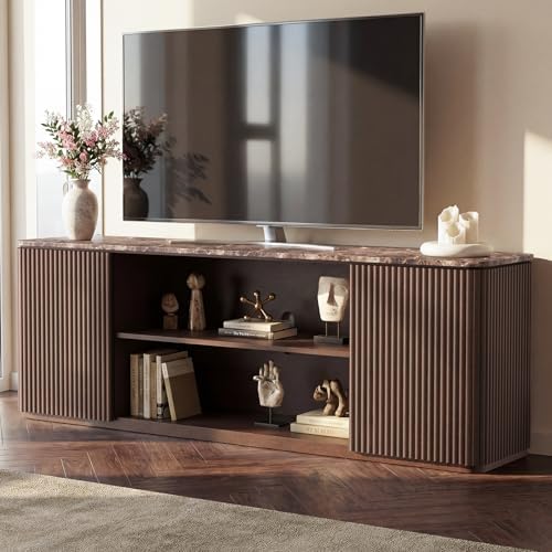 70" Modern Fluted TV Stand, for TVs Up to 80", Faux Marble Top, Brown Oak by DelArk