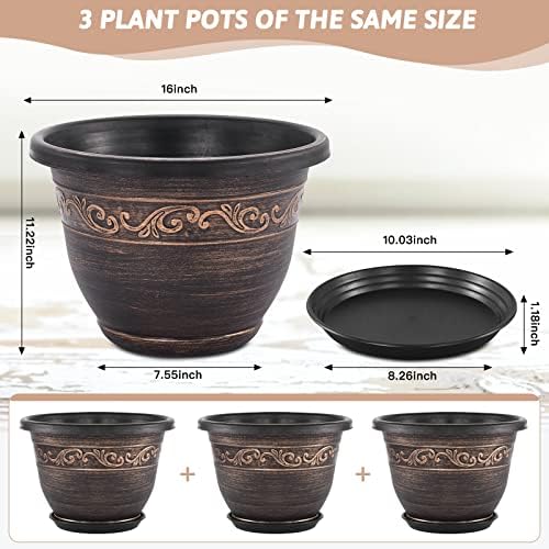 Plastic-Plant-Flower-Planters-16 Inch With Drainage Hole & Saucer, 3 Packs Lightweight Small Resin Flower Pot Indoor Outdoor, Retro Antique Imitation Decorative Garden Containers Sets For Houseplants - Image 2