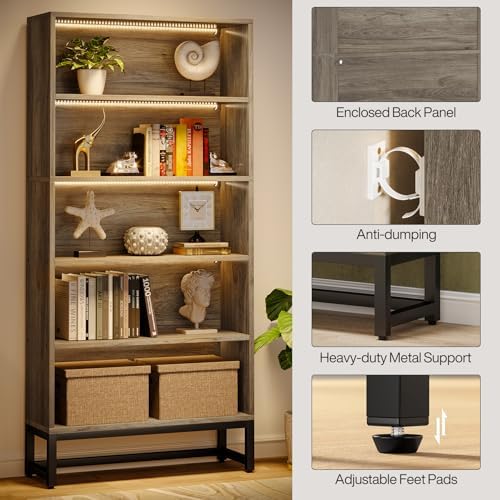 Tribesigns Tall Bookcase Bookshelf, 70.8" Large Bookcases Organizer with LED Lights, Heavy Duty Free-Standing Library Bookshelf with 5-Tier Storage Shelves for Living Room, Bedroom (Gray) - Image 5