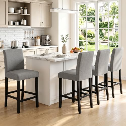 LSSPAID Counter Height Bar Stools Set of 4, 25 Inch Upholstered Fabric Barstools, Modern Kitchen Island Chairs with Backrest and Solid Wood Legs, Grey by LSSPAID