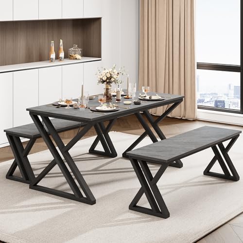 GarveeHome Kitchen Table with 2 Benches, Dining Table Set for 4,Grey by GarveeHome