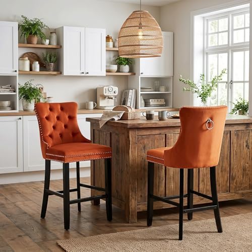 SoarFlash Modern Velvet Upholstered Bar Stools Set of 2 with Wood Legs, Button Tufted,Chrome Nailhead, Counterstool Seat, Armless Bar Chairs (Orange) by SoarFlash