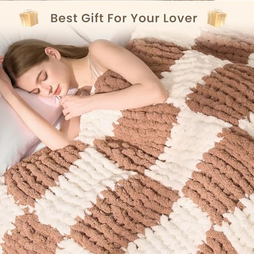 L'AGRATY Chunky Knit Throw Blanket for Couch 60 x 80 Inches Brown Checkered - Image 7