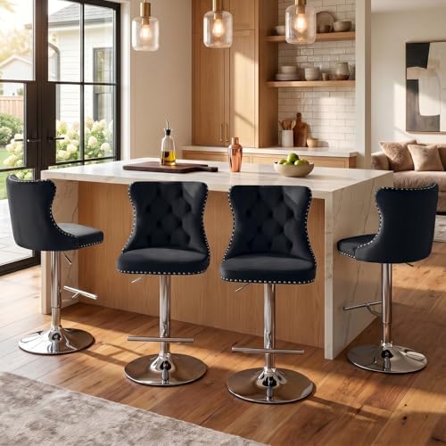 SoarFlash Velvet Bar Stool Set of 4, Adjustable Swivel Bar Stools with Silver Plated Metal Leg, Button Tufted, Footrest, Chrome Nailhead, Counter Height Chair for Kitchen, Bar, Dining Room (Black) by SoarFlash