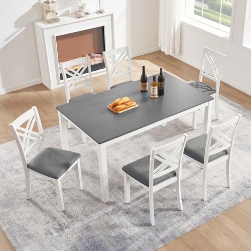 Harper & Bright Designs 58.5" Lx34.5 W Solid Wood 7-Piece Dining Table Set for 6, Grey White Two-Tone Kitchen Dining Room Set with 6 Upholstered Chairs, Rubber Wood Frame, 330LBS Capacity by HarperBrightDesigns