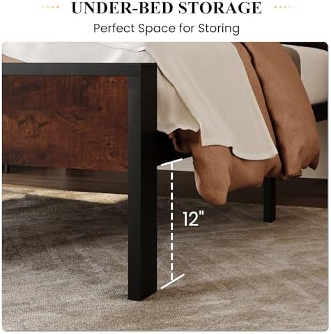 SHA CERLIN 14 Inch Twin Size Metal Platform Bed Frame with Wooden Headboard and Footboard, Mattress Foundation, No Box Spring Needed, Large Under Bed Storage, Heavy Duty Slats Support, Mahogany - Image 4