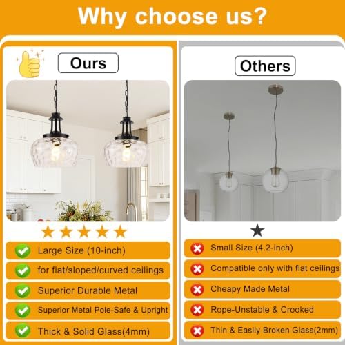 Plug in Pendant Lights Kitchen Island, Modern Matte Black Pendant Light Fixtures with 10" Clear Hammered Glass Shade, Industrial Hanging Pendant Lights Fixture for Kitchen Island Dining Room Entryway - Image 2