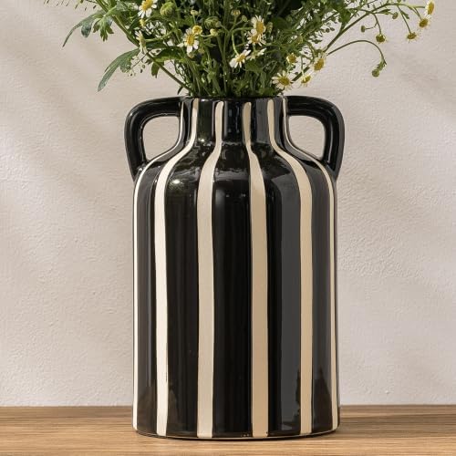 SURE YUESI Black Ceramic Vase with Handles, 9.1 Inch Striped Flower Vase for Halloween Decor, Modern Farmhouse Vase for Pampas Grass, Shelf Decor, Dining Table Centerpiece by SUREYUESI