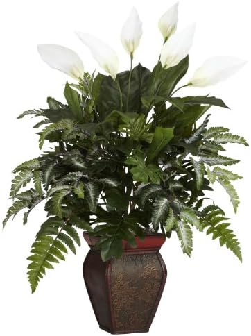 Nearly Natural 6677 Mixed Greens with Spathiphyllum and Vase Decorative Silk Plant, Green,7.5" x 9" x 30" by NearlyNatural