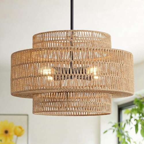 17.7" Rattan Chandelier for Dining Room, Large Boho Pendant Light by InterMaka