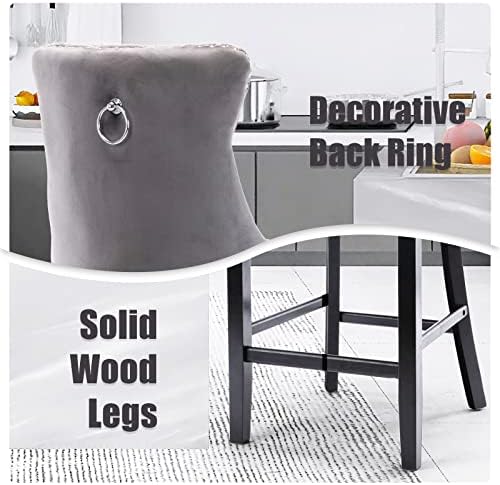 SoarFlash Modern Velvet Upholstered Bar Stools Set of 4 with Wood Legs, Button Tufted,Chrome Nailhead, Counterstool Seat, Armless Bar Chairs (Gray) - Image 6