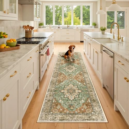 RELEANY Washable Area Rug, Runner 2'x8', Brick/Brown/Green - Image 3