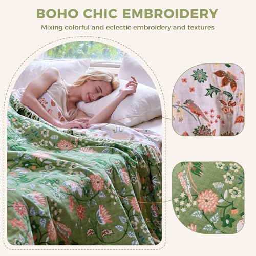 LUTBM Boho Throw Blanket for Bed 60"x80", 100% Cotton Green Couch Blankets - Image 4